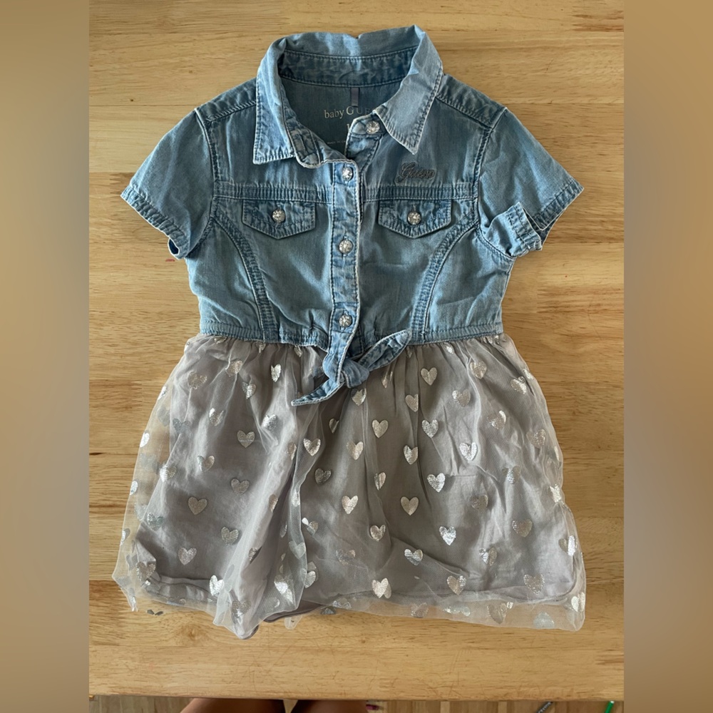 Guess Light wash Denim dress with silver metallic heart pattern